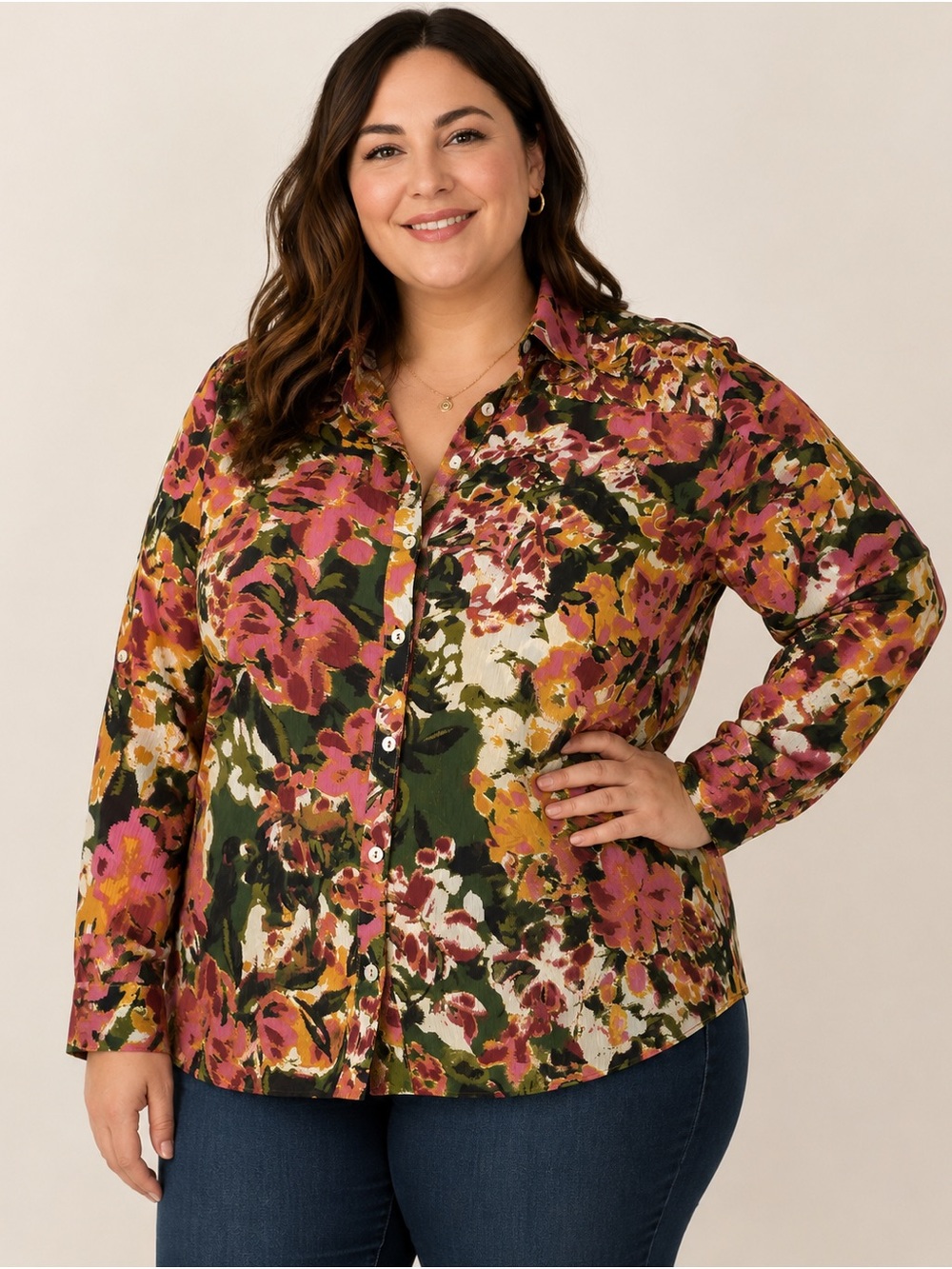 Fig & Flower 2XL Sheer Floral Button Down Blouse Boho Plus Size NWOT